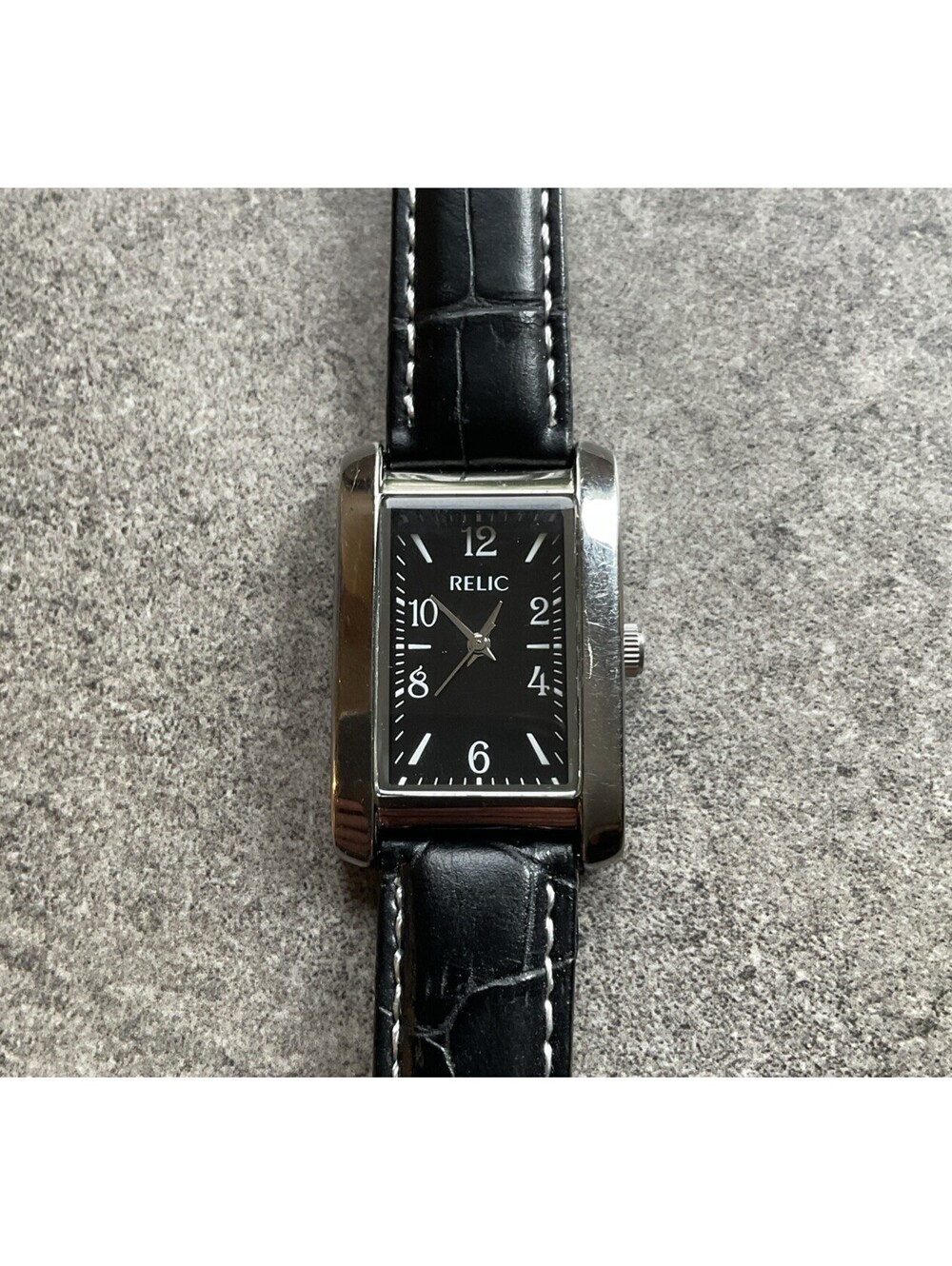 Relic By Fossil Womens Tank Watch 24mm Silver Tone Case Black Dial & Band B-G